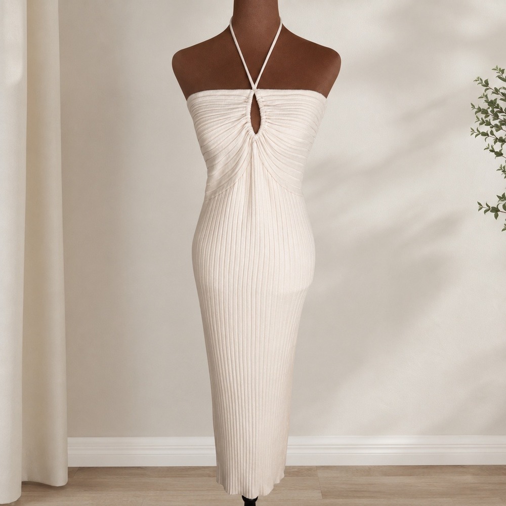 Koko + Mason Maxi Dress Women's XL Cream Tan Halter Keyhole Tie Back Bodycon NWT